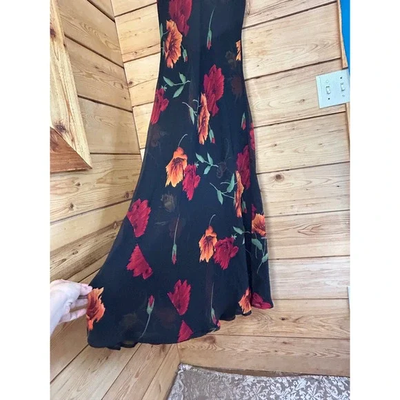 Vintage Floral Chiffon Reversible Sleeveless Maxi Dress Black Red Orange - Picture 3 of 8